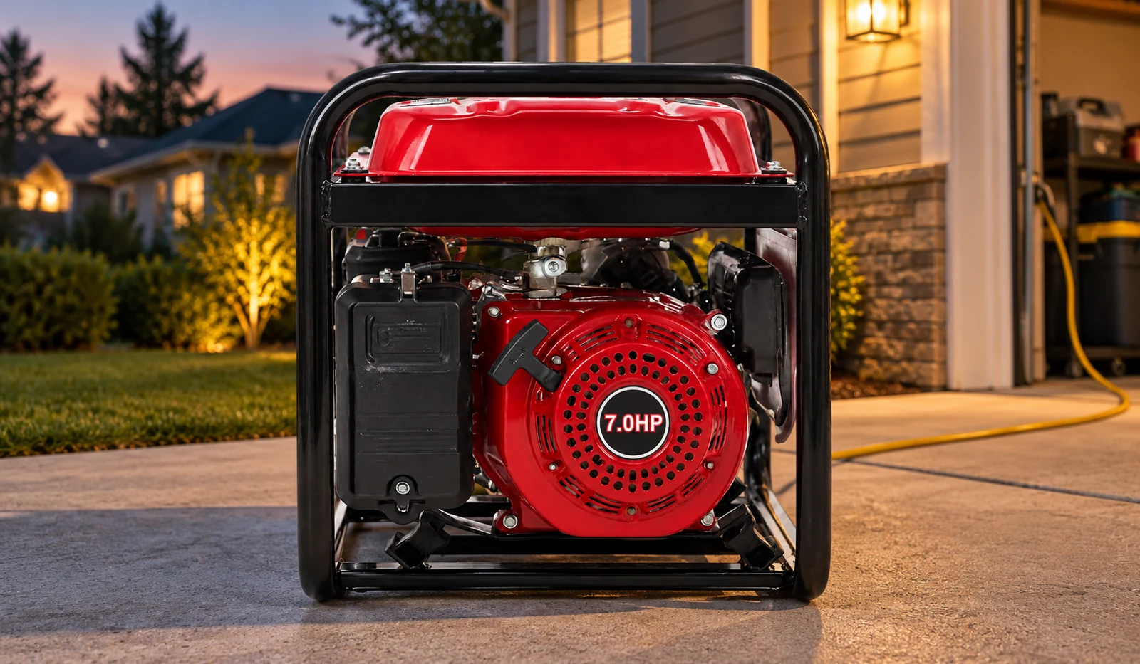 Red open-frame generator shown from the engine and recoil-starter side on an outdoor driveway