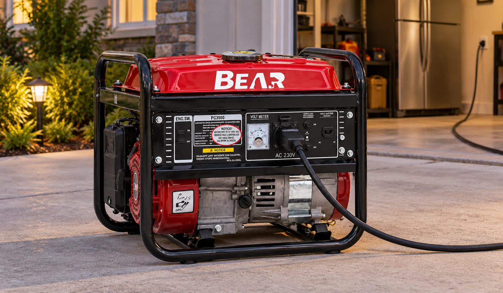 Red open-frame generator shown from the front control side on an outdoor driveway