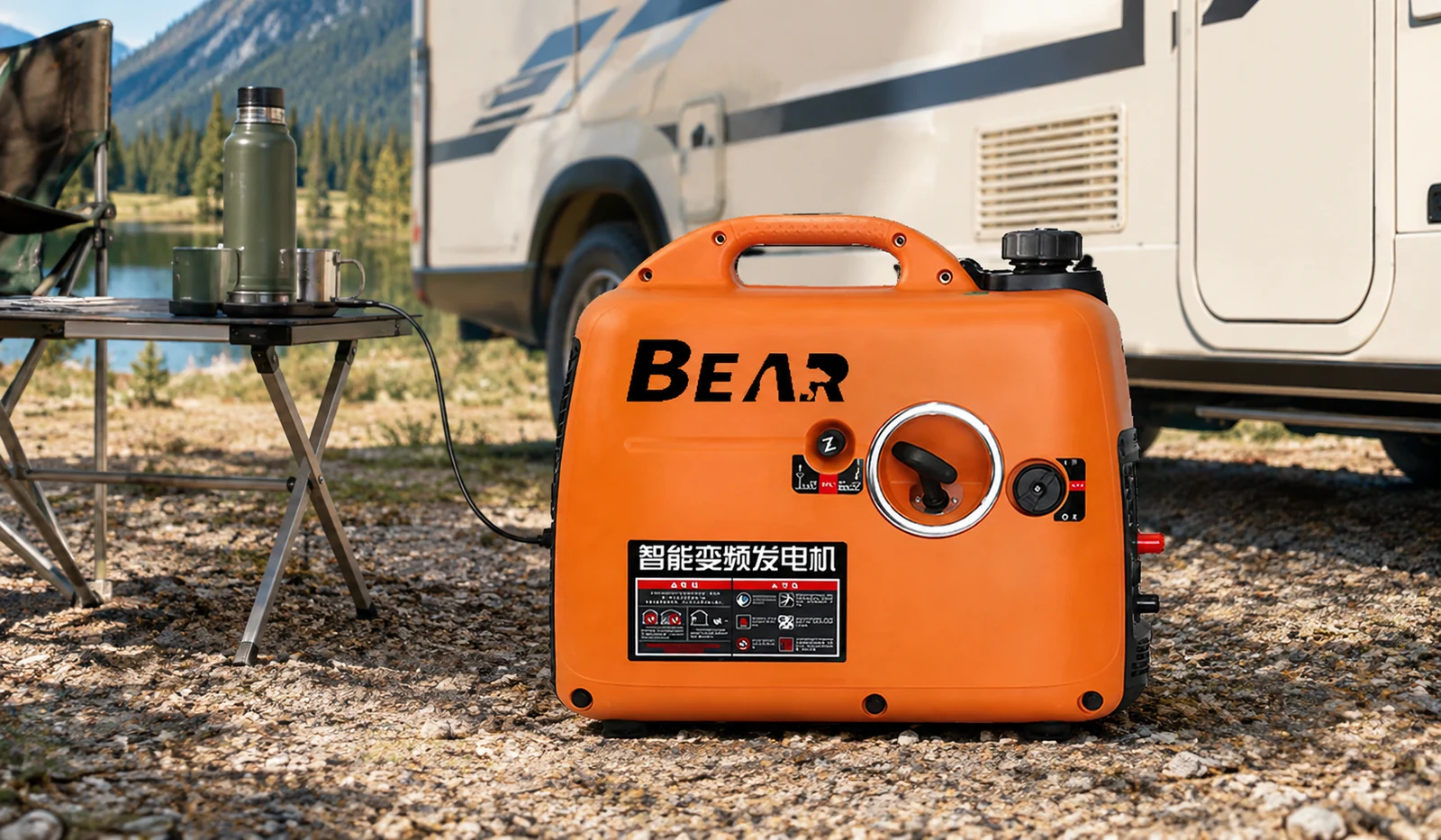 Orange T1200 unit with a BEAR wordmark in an outdoor RV campsite setting