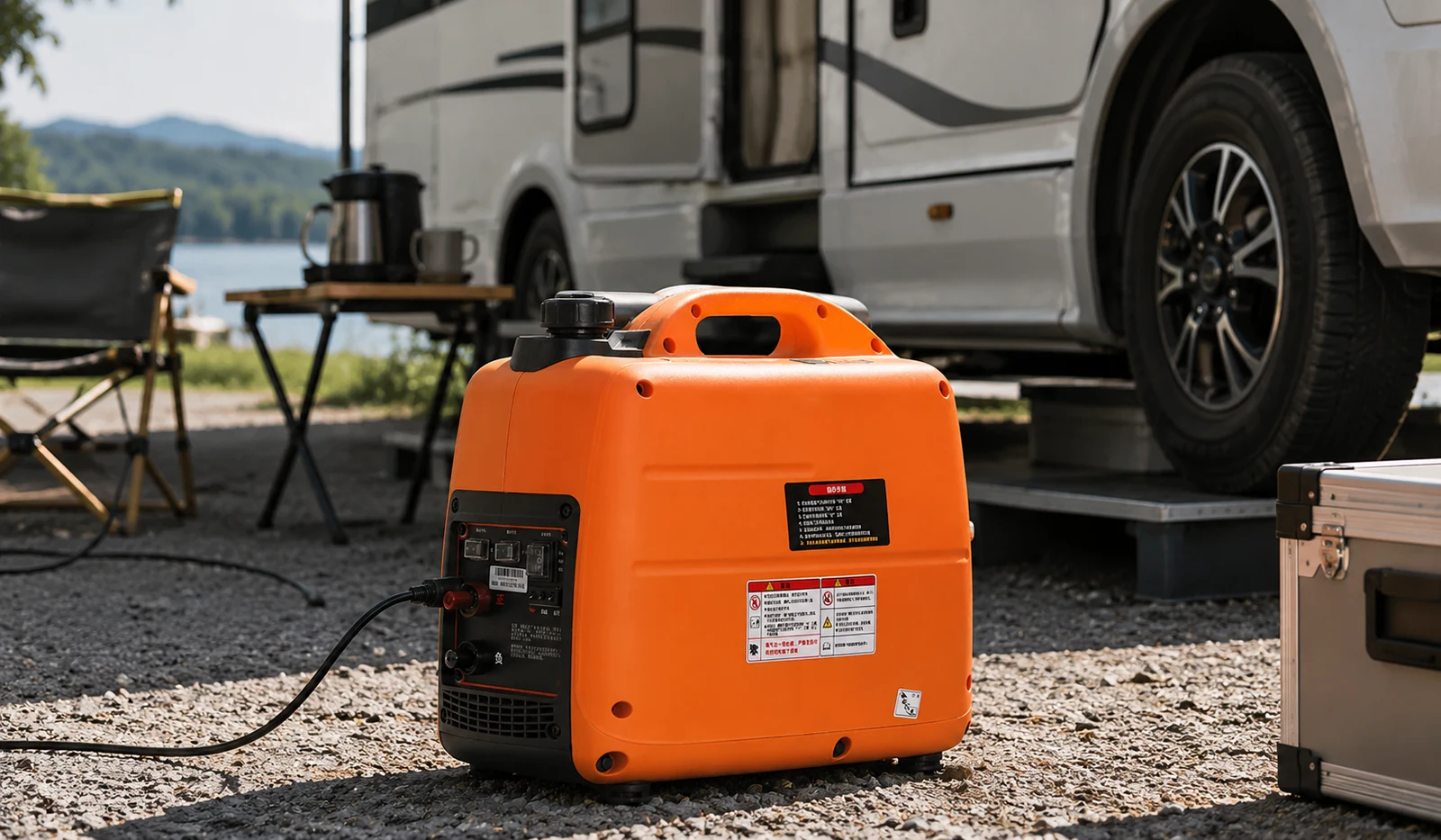 Rear control-side view of an orange T1200 unit with a cable attached in an outdoor RV campsite