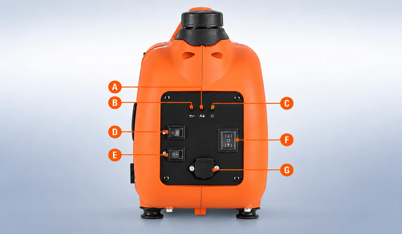 Orange T900 control panel marked A through G