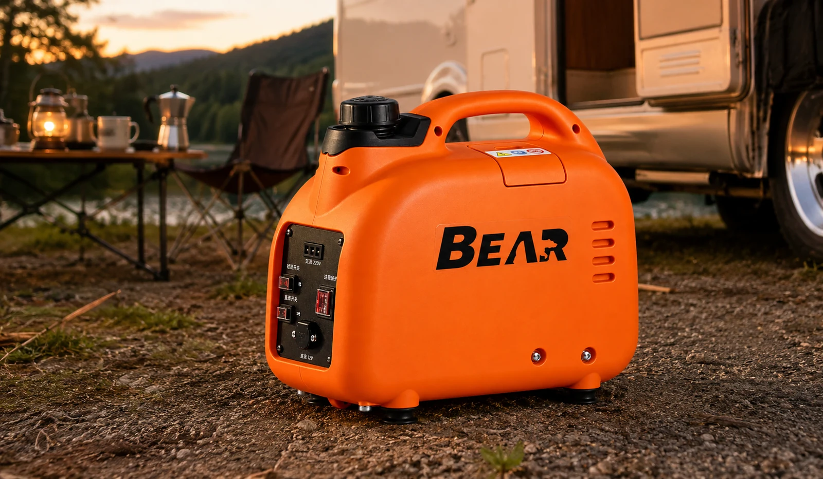 Orange BEAR-marked T900 enclosed unit beside an RV at an outdoor campsite