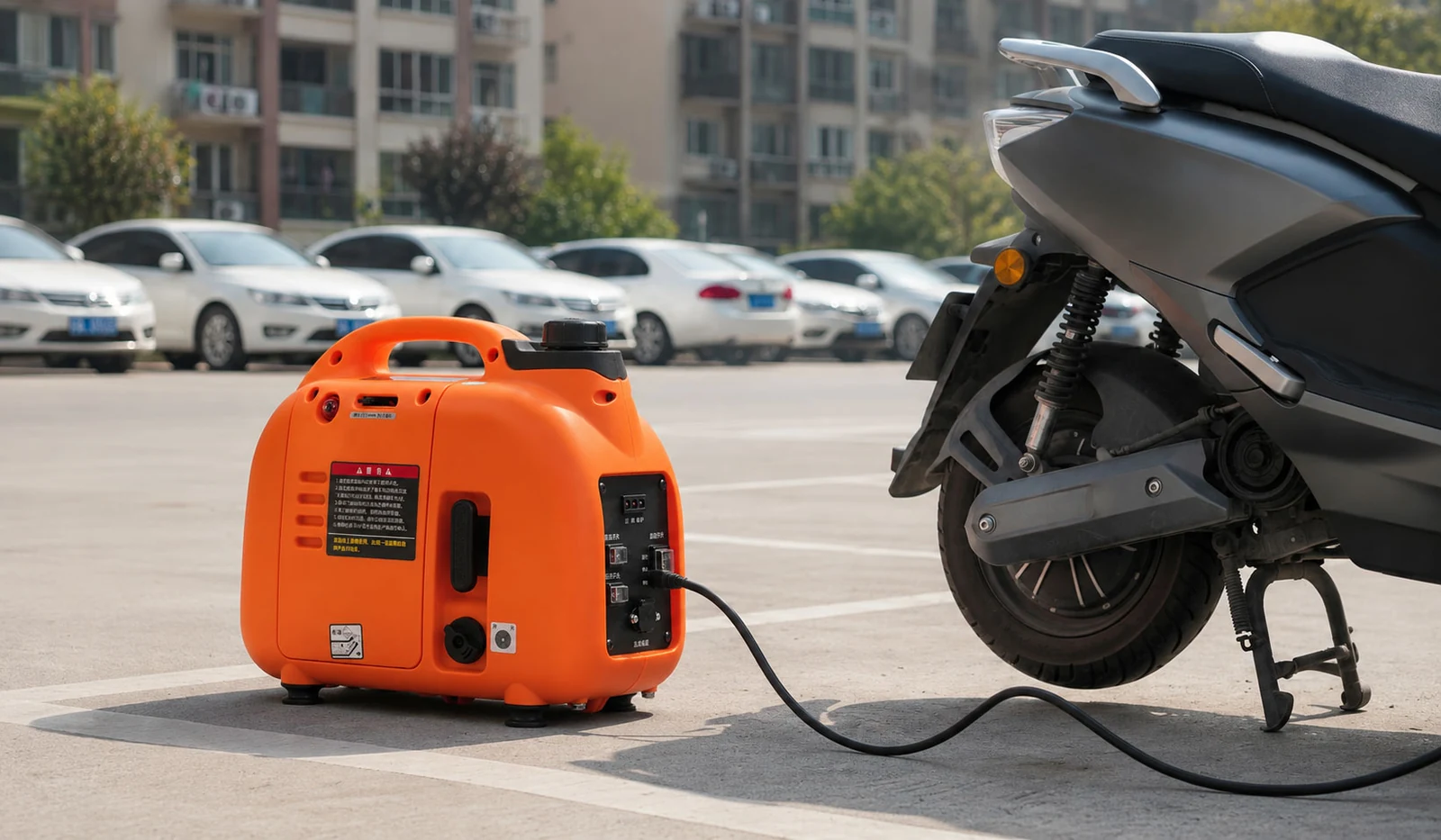 Orange T900 enclosed unit connected by a cable beside an electric scooter