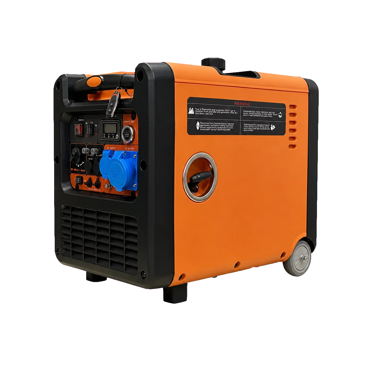 Orange and black T8500i enclosed generator shown from the control-panel side