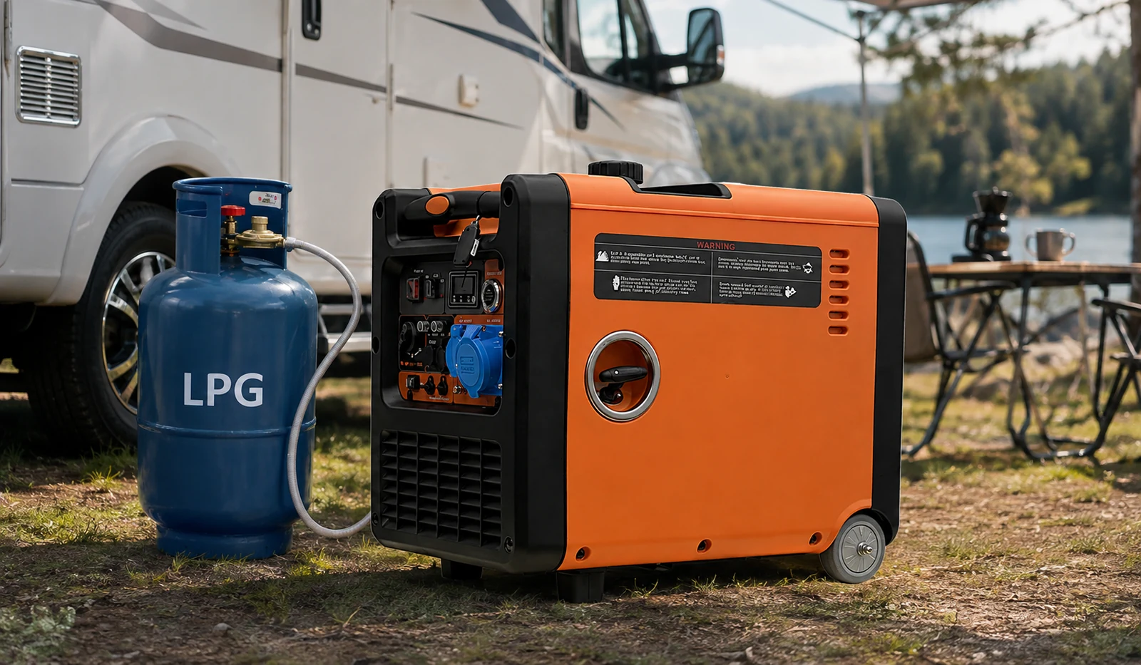 Conceptual outdoor RV planning scene featuring an orange enclosed generator