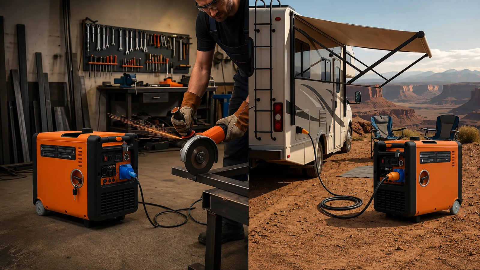 Conceptual split scene for metalworking and outdoor RV load planning
