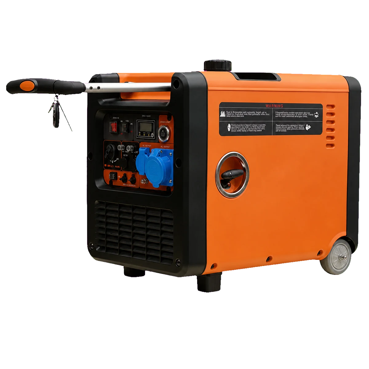 Orange and black T8500i enclosed generator with its transport handle extended