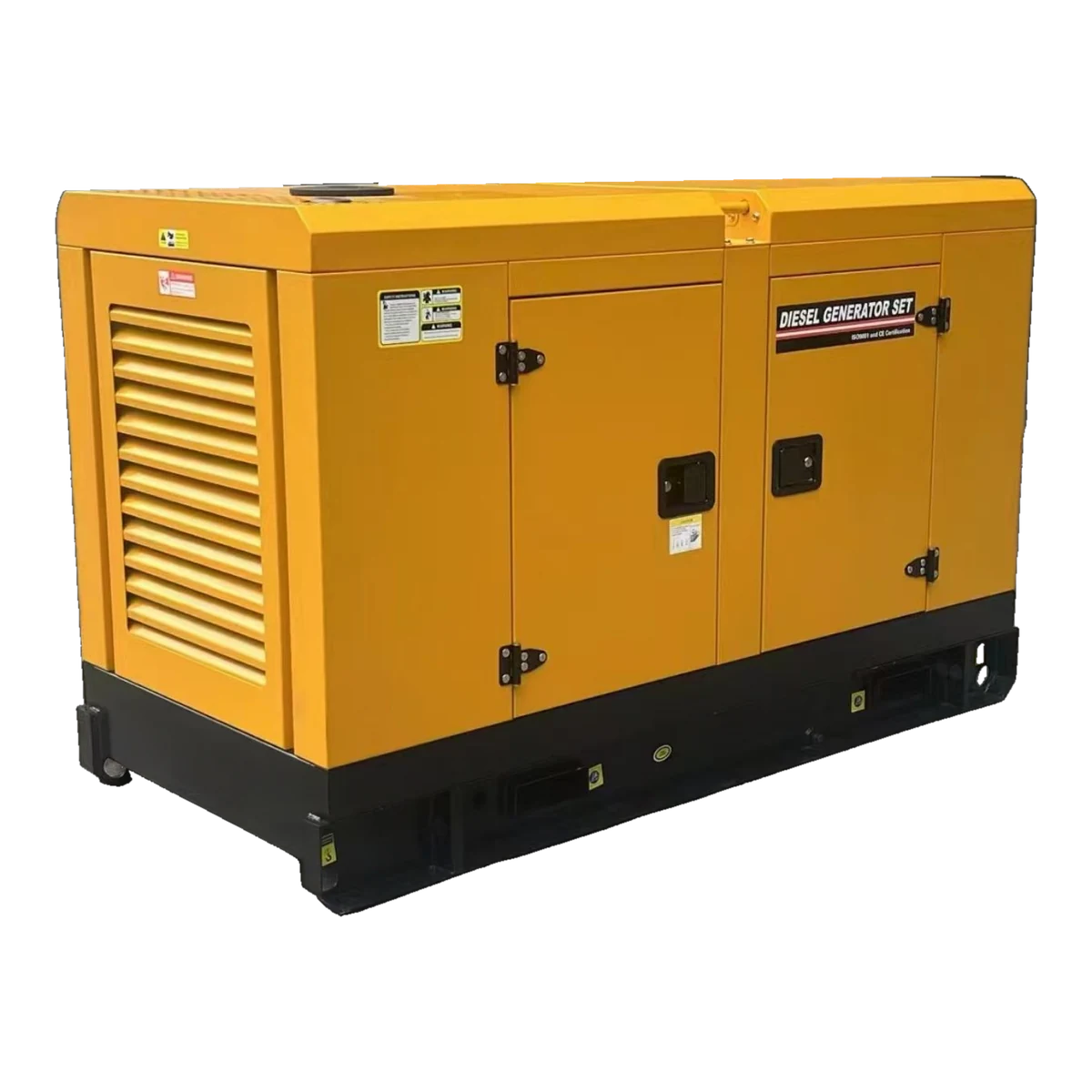 Three-quarter cabinet view of a yellow enclosed diesel generator